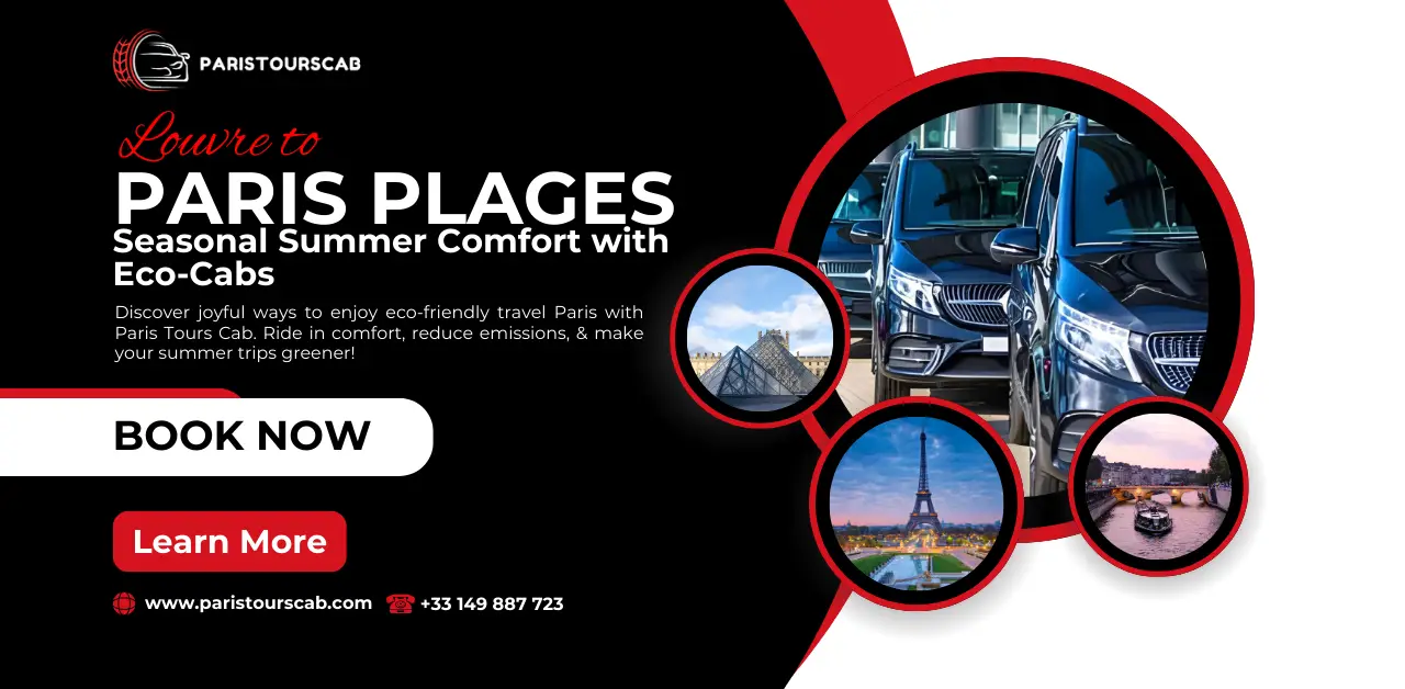 Promotional banner for Paris Tours Cab featuring eco-friendly transportation options, iconic landmarks, and a call to action for bookings.