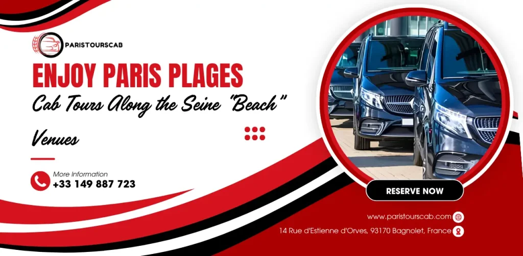 A promotional graphic for Paris Tours Cab featuring luxury vehicles, inviting customers to enjoy paris plages cab tours along the Seine.