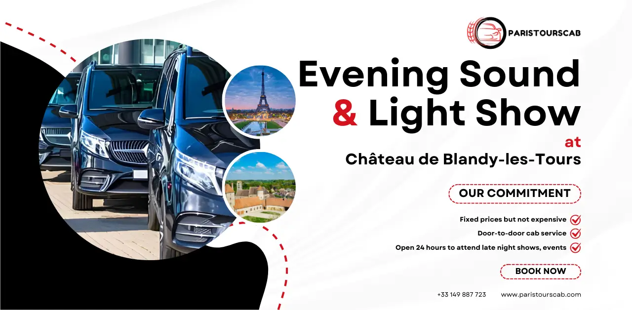 Promotional graphic for an Evening Sound & Light Show at Château de Blandy-les-Tours, featuring luxury cars and iconic Paris landmarks by PAris Tours Cab's blandy tours cab service.