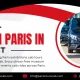 Promotional banner for Paris Tours Cab advertising "Art in Paris in August" cab tours. The design features luxury black cabs lined up on the right side inside a circular frame, with bold red and black typography on the left. The text highlights 5 inspiring Paris exhibitions cab tours, offering stress-free museum transport and gallery event rides across Paris. Contact details include www.paristourscab.com,info@paristourscab.com, and @paristourscab.