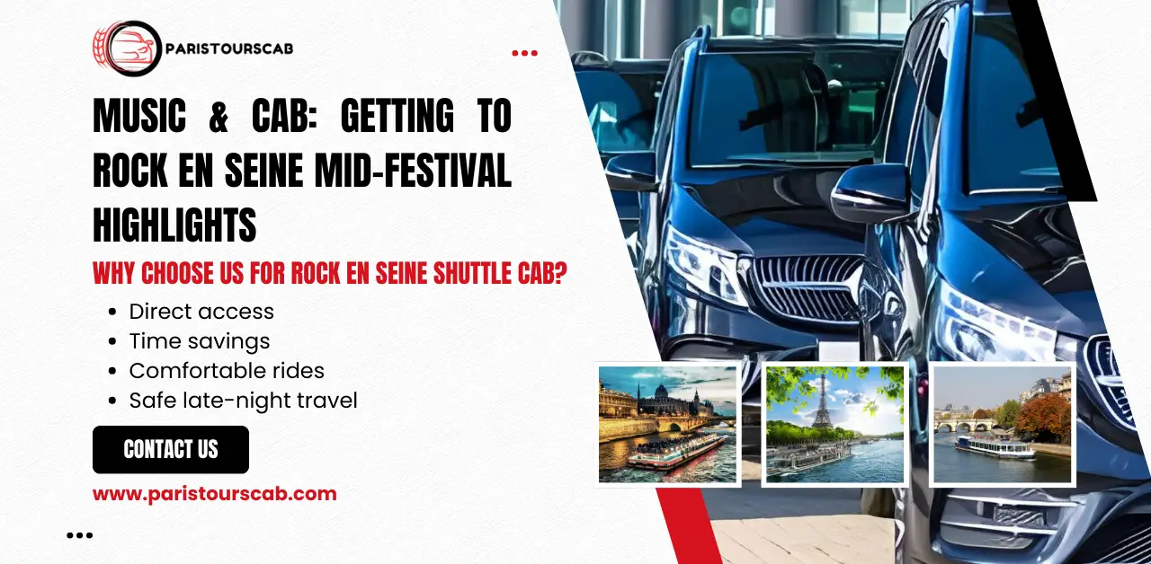 Promotional graphic for Paris Tours Cab showcasing the Rock en Seine Shuttle Cab for the festival, highlighting comfort, access, and safety.