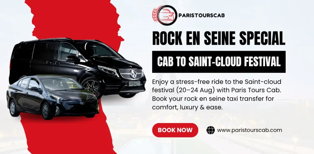 Promotional graphic for Paris Tours Cab, advertising stress-free taxi rides to the Rock en Seine festival, emphasizing comfort and luxury.