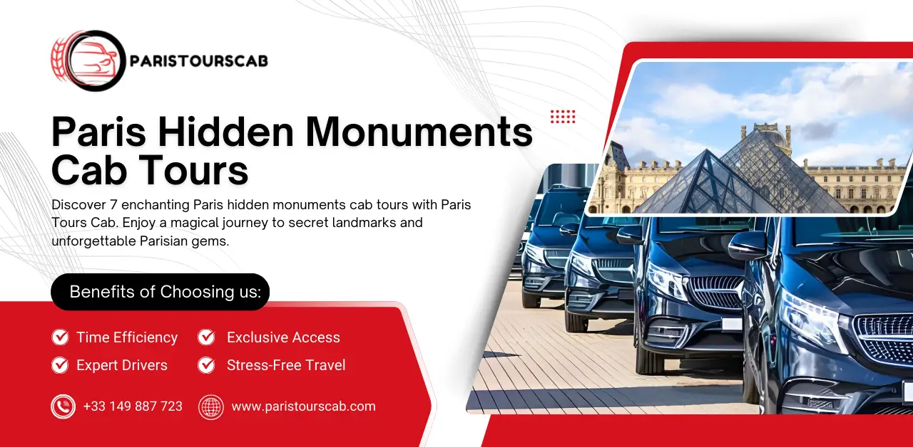 Promotional image for Paris Tours Cab, featuring sleek cars, highlighting Paris hidden monuments cab tours with exclusive benefits.
