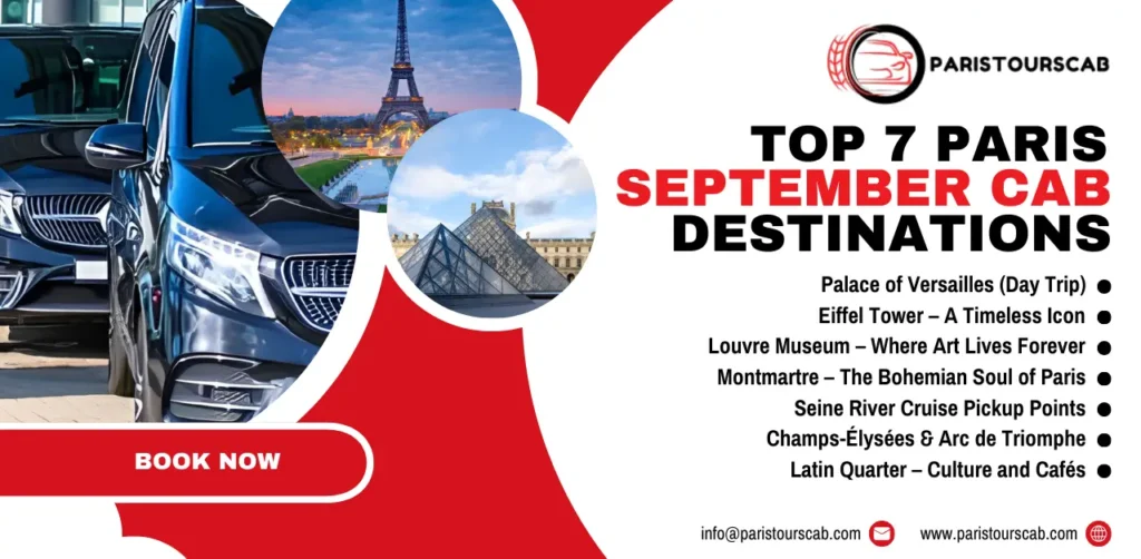 Promotional graphic for Paris Tours Cab featuring top September cab destinations, including the Eiffel Tower and Louvre Museum.