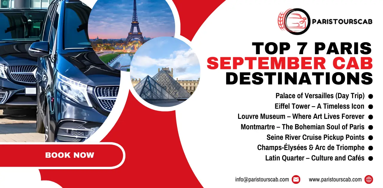 Promotional graphic for Paris Tours Cab featuring top September cab destinations, including the Eiffel Tower and Louvre Museum.