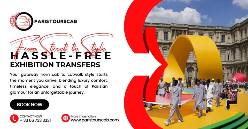 Image promoting Paris Tours Cab's luxury exhibition transfers, featuring a vibrant fashion show backdrop with colorful displays and a crowd.