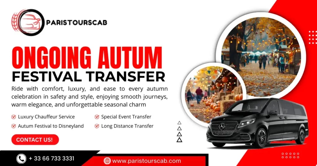 Mercedes van promoting luxury autumn festival transfers, highlighting safety and style, with autumn-themed imagery in the background.