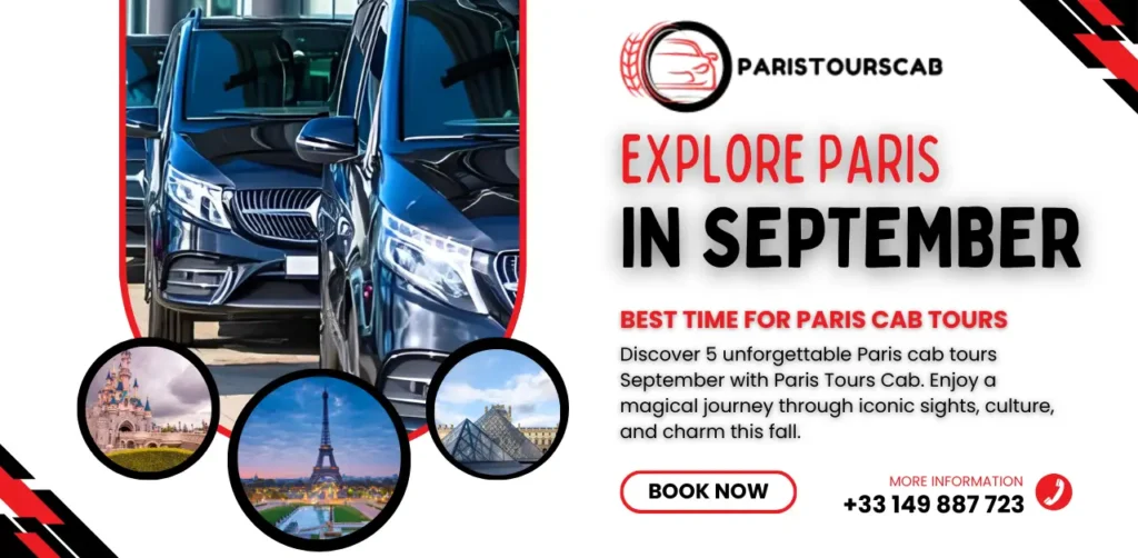 Black luxury cabs lined up with iconic Paris landmarks, promoting Paris cab tours September by Paris Tours Cab. Book now!