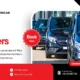 Promotional graphic for Paris Tours Cab, featuring sleek black vehicles, highlighting stress-free transfers for design week events.