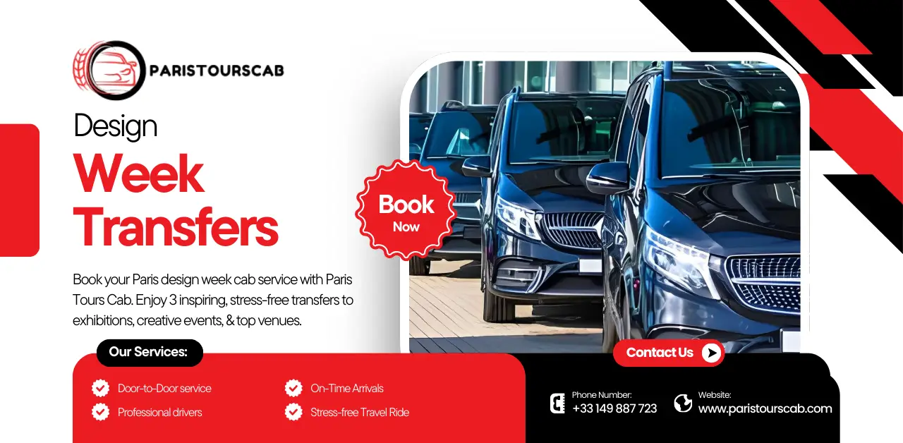 Promotional graphic for Paris Tours Cab, featuring sleek black vehicles, highlighting stress-free transfers for design week events.