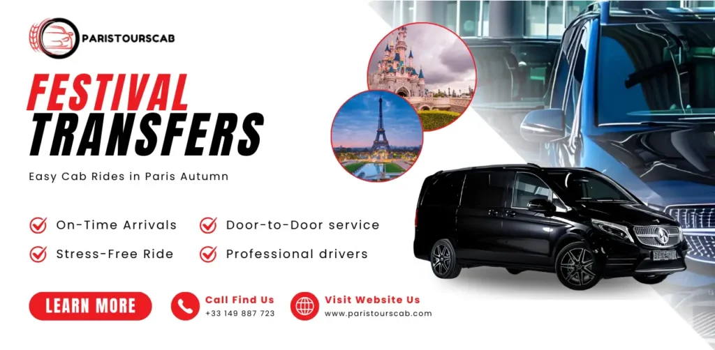 Image promoting Paris Tour Cab's autumn festival transfers, featuring a black cab, icons of Paris landmarks, and service details.