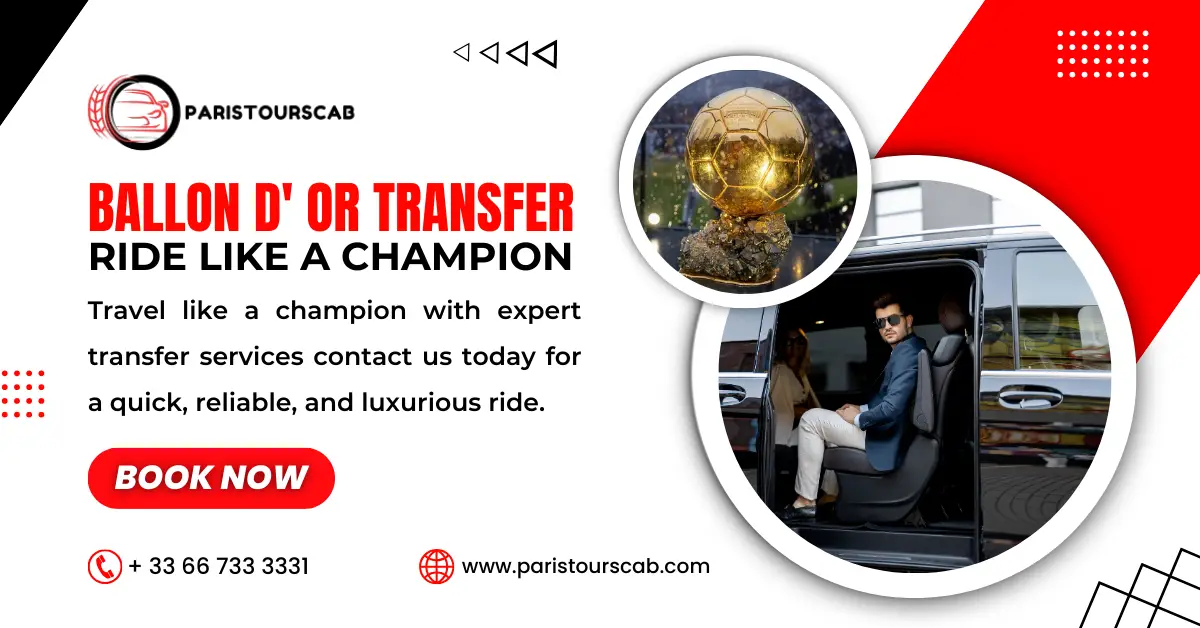 Luxury transfer service advertisement featuring a golden trophy and a stylish vehicle interior. Text promotes a reliable ride experience.