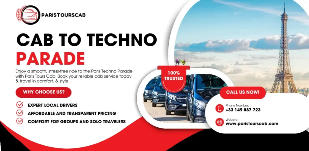 Promotional graphic for Paris Tours Cab featuring a vehicle lineup, Eiffel Tower, and details about their cab service for the Paris Techno Parade.