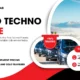 Promotional graphic for Paris Tours Cab featuring a vehicle lineup, Eiffel Tower, and details about their cab service for the Paris Techno Parade.