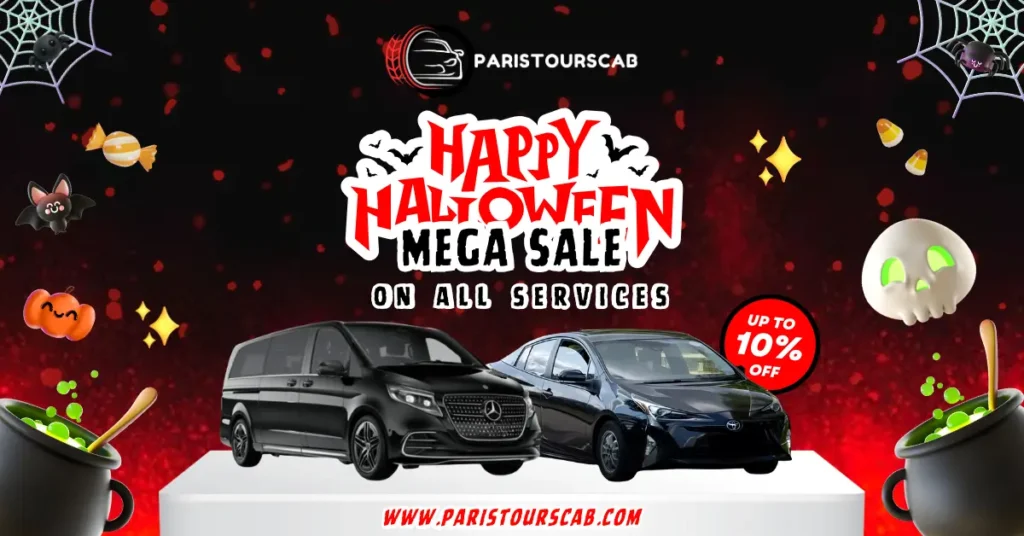 Halloween-themed advertisement featuring two cars and decorations, promoting a mega sale with up to 10% off on services.