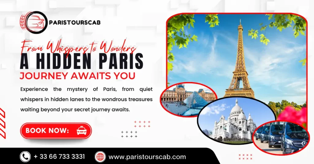 Promotional graphic for Paris tours featuring the Eiffel Tower, the Louvre, and Sacré-Cœur, inviting exploration of hidden Paris delights.