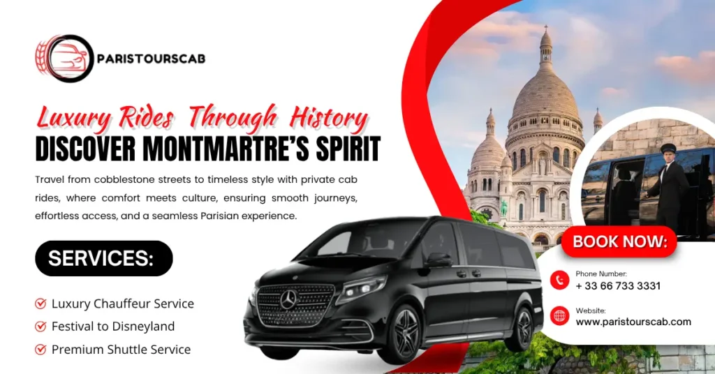 A sleek black luxury cab parked in front of the iconic Basilica of Sacré-Cœur, promoting private rides and seamless Parisian experiences.