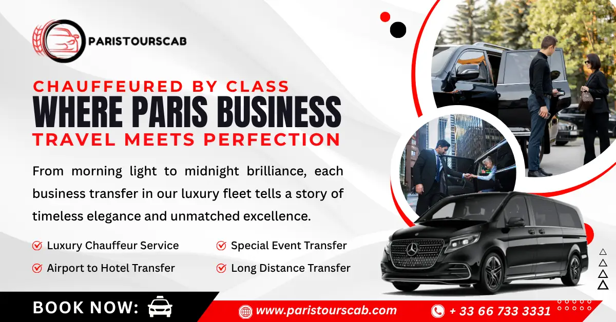 A luxury chauffeur service advertisement showcasing elegant vehicles, highlighting airport transfers and special event transportation in Paris.