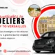 A sleek black van in front of the opulent Palace of Versailles under "From Streetlights to Chandeliers" text promoting elegant tours.