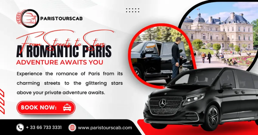"Promotional graphic for Paris tour service featuring a luxury vehicle, a driver assisting a passenger, and scenic Parisian architecture."