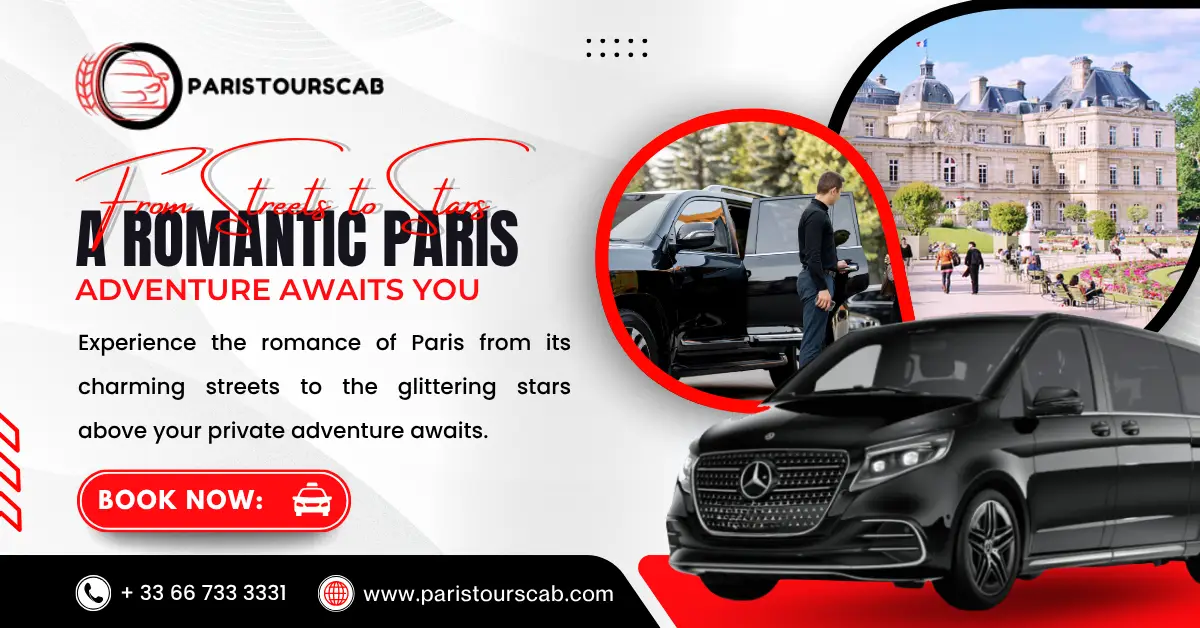 "Promotional graphic for Paris tour service featuring a luxury vehicle, a driver assisting a passenger, and scenic Parisian architecture."
