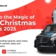 Advertisement for Paris Tours Cab featuring a luxury van and festive Christmas market with lights and visitors. Text highlights 'Paris Christmas Markets 2025' and contact details for the tour service.