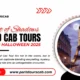 Graphic promoting "A Night of Shadows Haunted Cab Tours" in Paris for Halloween 2025, featuring the Eiffel Tower in a spooky ambiance.