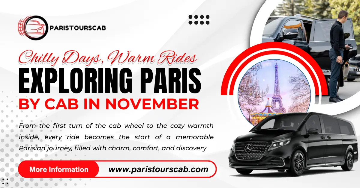 A stylish cab and the Eiffel Tower outlined in a cozy scene, promoting warm taxi rides through Paris in November.