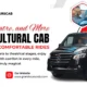 Advertisement for Paris Cultural Cab featuring a sleek black van. Background includes iconic Paris landmarks, suggesting a magical journey. Contact info and website provided.