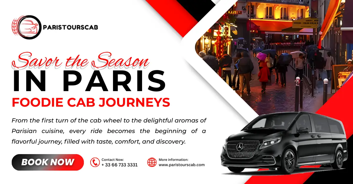 A stylish black cab parked beside a Paris street with people enjoying the night, promoting food journeys through the city.