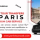 Promotional banner for ParisTourCab offering premium cultural tour transfers in Paris with a luxury van and the Louvre in the background.
