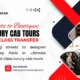 Promotional flyer for Paris luxury cab tours. Features a well-dressed woman entering a luxury car, a boutique with colorful clothes, and contact info. The tone is upscale and inviting.