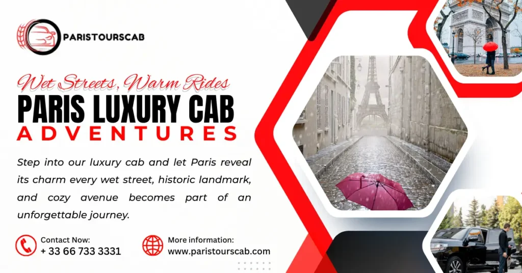 A stylish advertisement for Paris Luxury Cab Adventures, featuring wet streets, the Eiffel Tower, and cozy cab rides.