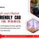 Promotional image for Paris Tours Cab highlighting senior-friendly tours. Features a van, Eiffel Tower, and Louvre Museum. Text emphasizes safety and comfort.