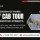 Promotional banner for Paris Tours Cab featuring festive Paris street scenes, a cab, and contact details for booking a cozy Paris Christmas decoration cab tour.