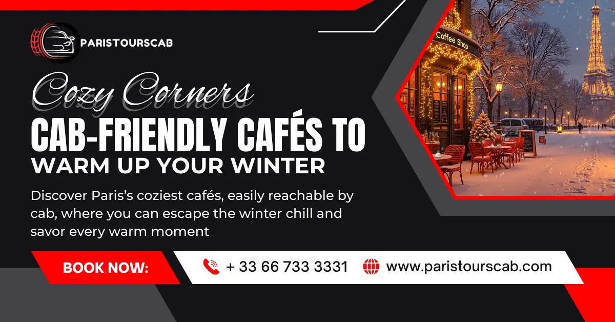 A cozy café in Paris, beautifully lit, surrounded by snow, inviting you to warm up and enjoy the winter ambiance.