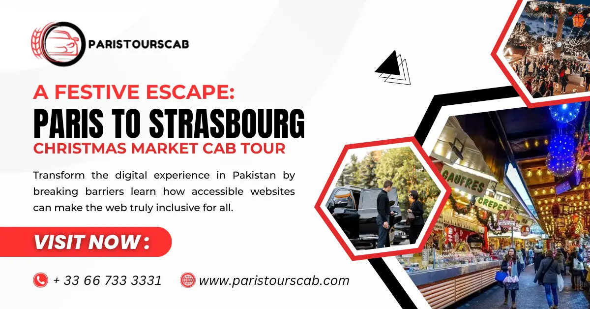 Promotional graphic for a cab tour from Paris to Strasbourg's Christmas market, featuring festive decorations and a call to action.